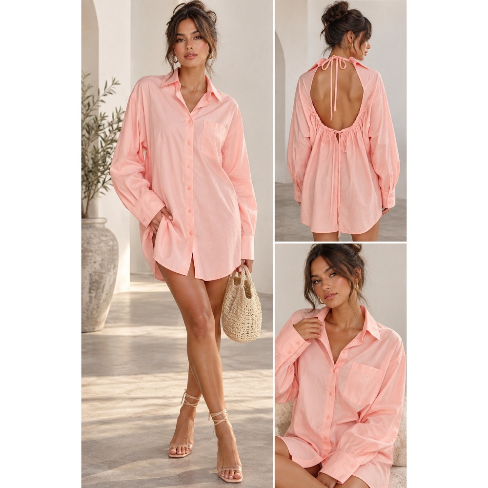 Pink Open Back Button Down Shirt Dress US 2 Cutout Tie Back